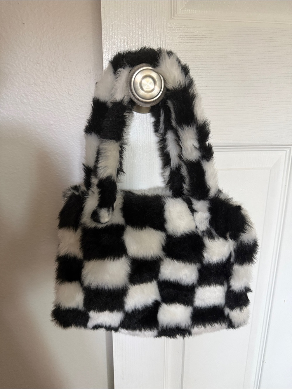Urban Outfitters Faux Fur Checkerboard Tote Bag in Black & White